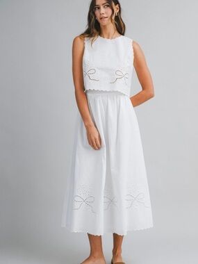 Sleeveless White Eyelet Midi Dress with Bow Cutouts